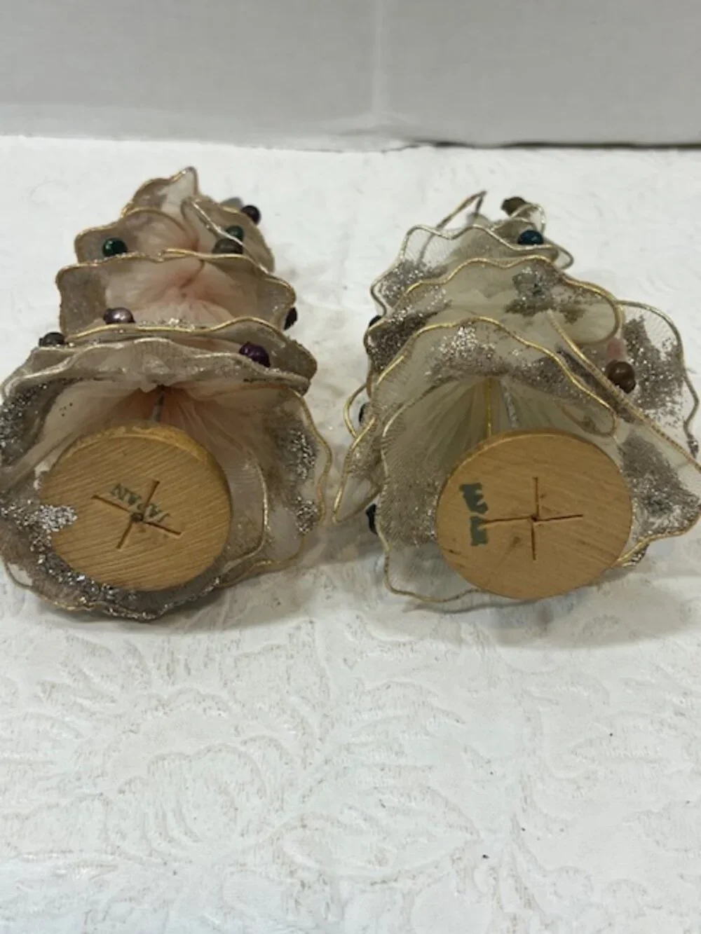 Two Antique Pink & White Tulle Mesh Christmas Tree Tabletop Decor GlassBalls  5